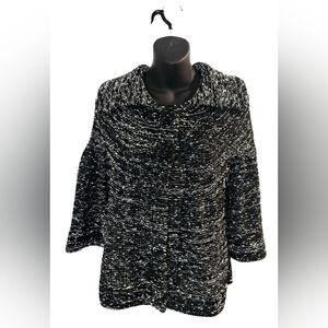 [Parkhurst] Raglan 3/4 Sleeve Brooch Button Cardigan Women Black/White Knit Med